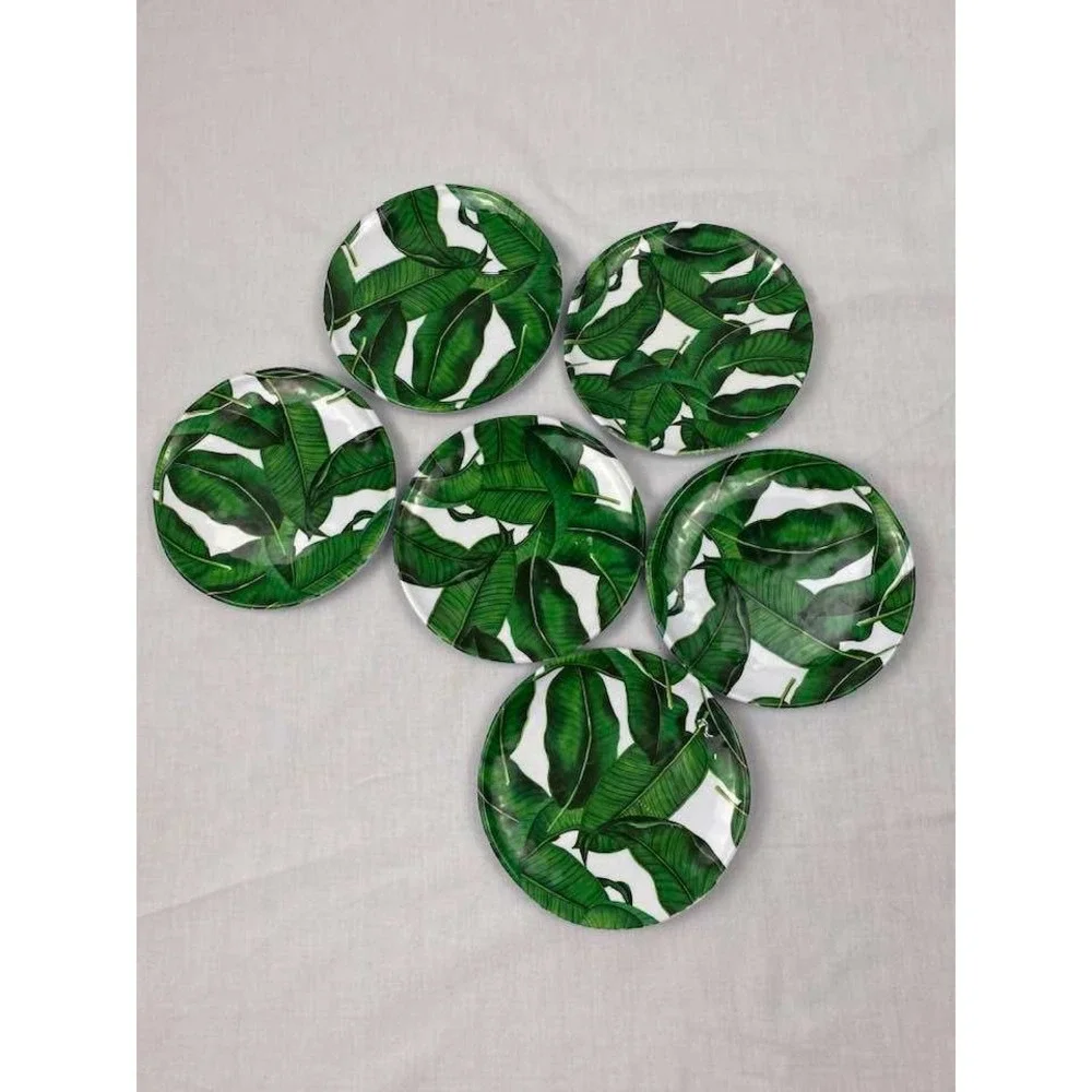 Tropical Banana Leaf‎ Melamine Plates Set 6 Green Summer Poolside Outdoor